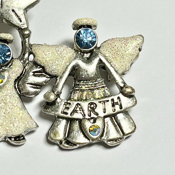 Vintage Christmas Angel Brooch Pin Silver Tone PEACE ON EARTH Star Blue Crystal - Picture 6 of 9